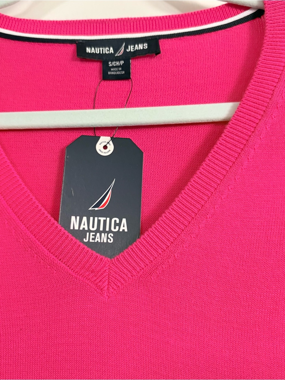 Nautica Bright Pink V-Neck Sweater with Striped Neck Trim - Picture 3 of 5